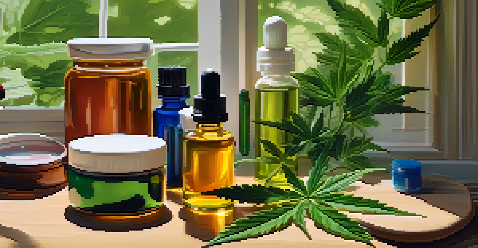 Various CBD products including oil, gummies, cream, and capsules arranged on a wooden table with hemp leaves.