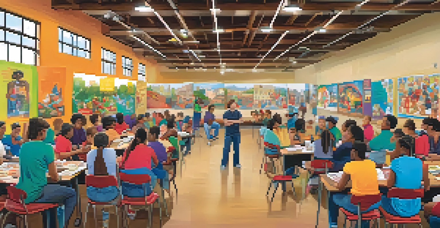 A community center with people participating in drug awareness workshops, surrounded by colorful banners and a supportive atmosphere.