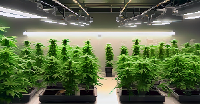 An indoor garden with healthy marijuana plants illuminated by LED lights, surrounded by cultivation tools for monitoring soil and nutrients.