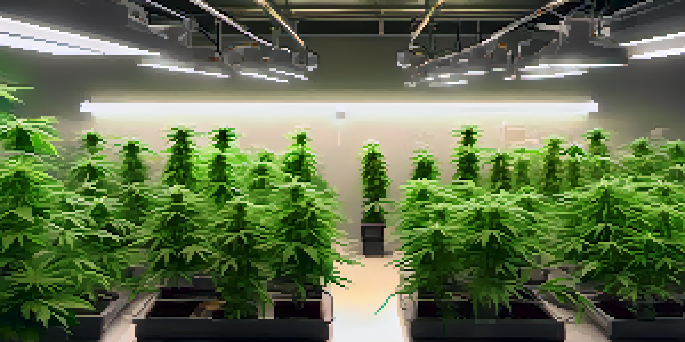 An indoor garden with healthy marijuana plants illuminated by LED lights, surrounded by cultivation tools for monitoring soil and nutrients.