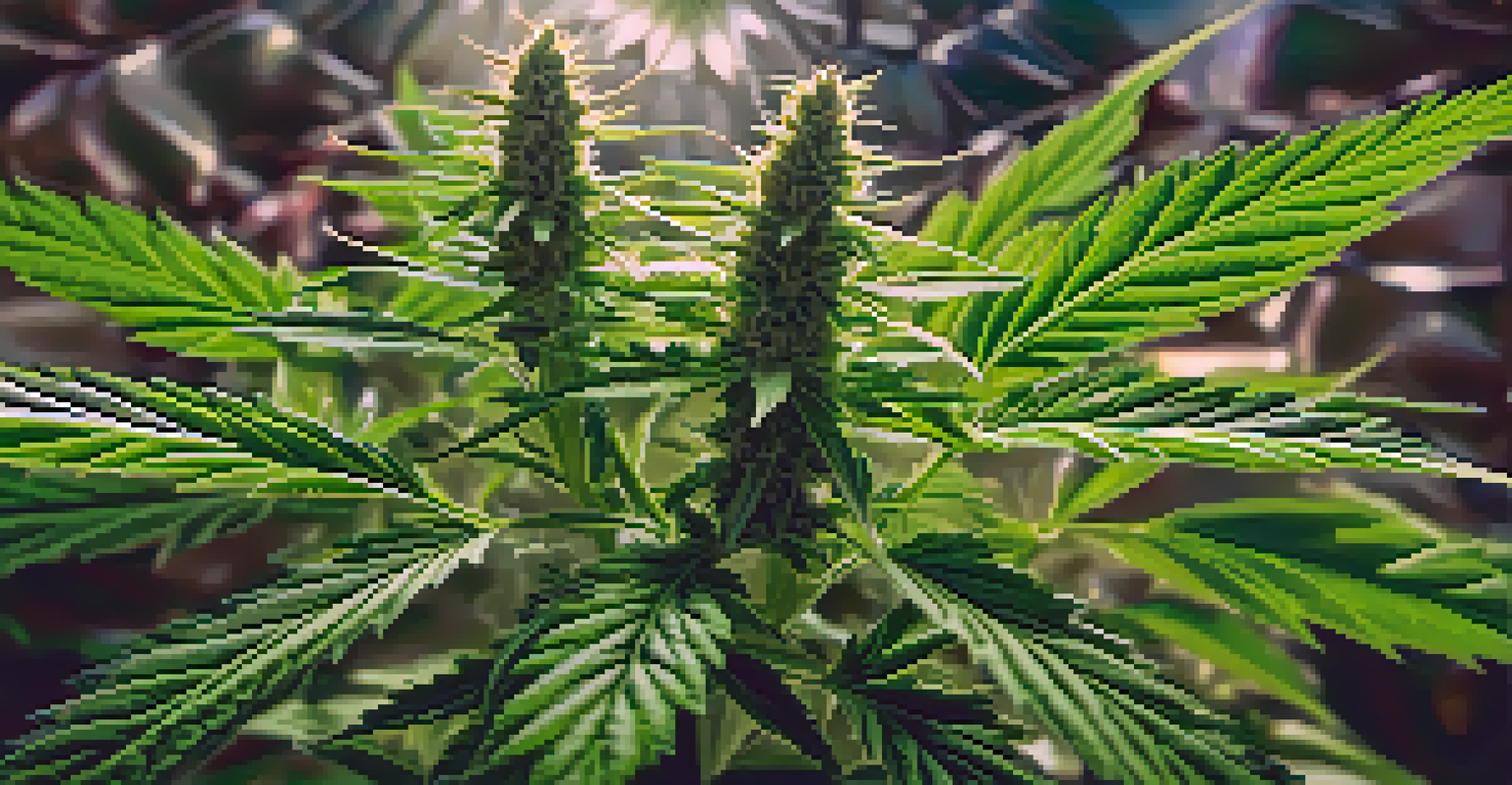 A detailed close-up of a blooming medical cannabis plant, highlighting its green leaves and textures with soft sunlight in the background.