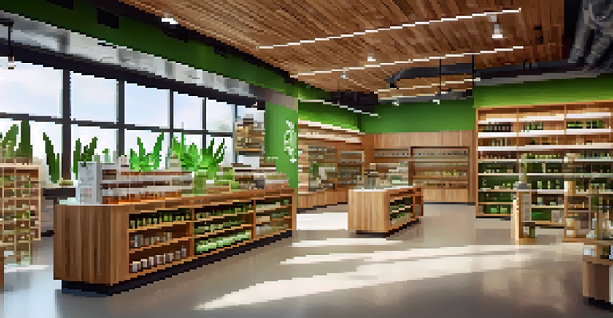 A bright dispensary filled with various marijuana products on display, with customers browsing and a staff member assisting, illuminated by natural light.