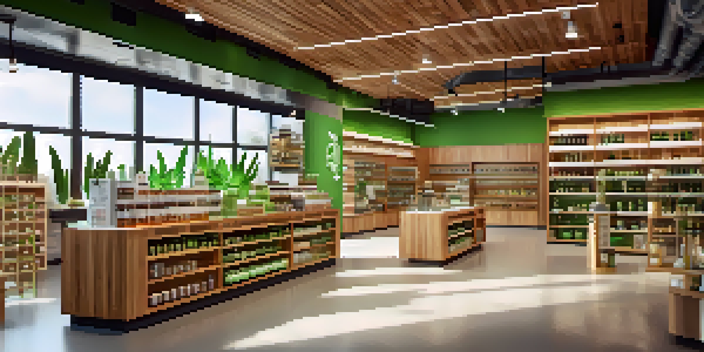 A bright dispensary filled with various marijuana products on display, with customers browsing and a staff member assisting, illuminated by natural light.