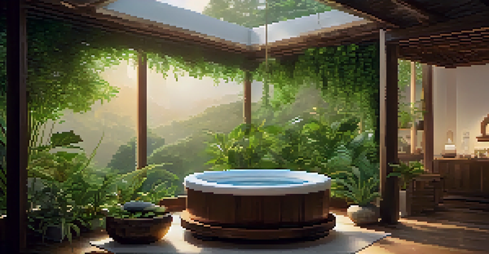A peaceful Ayurvedic spa with a massage table, herbs, oils, and cannabis leaves, surrounded by greenery and calming artwork.