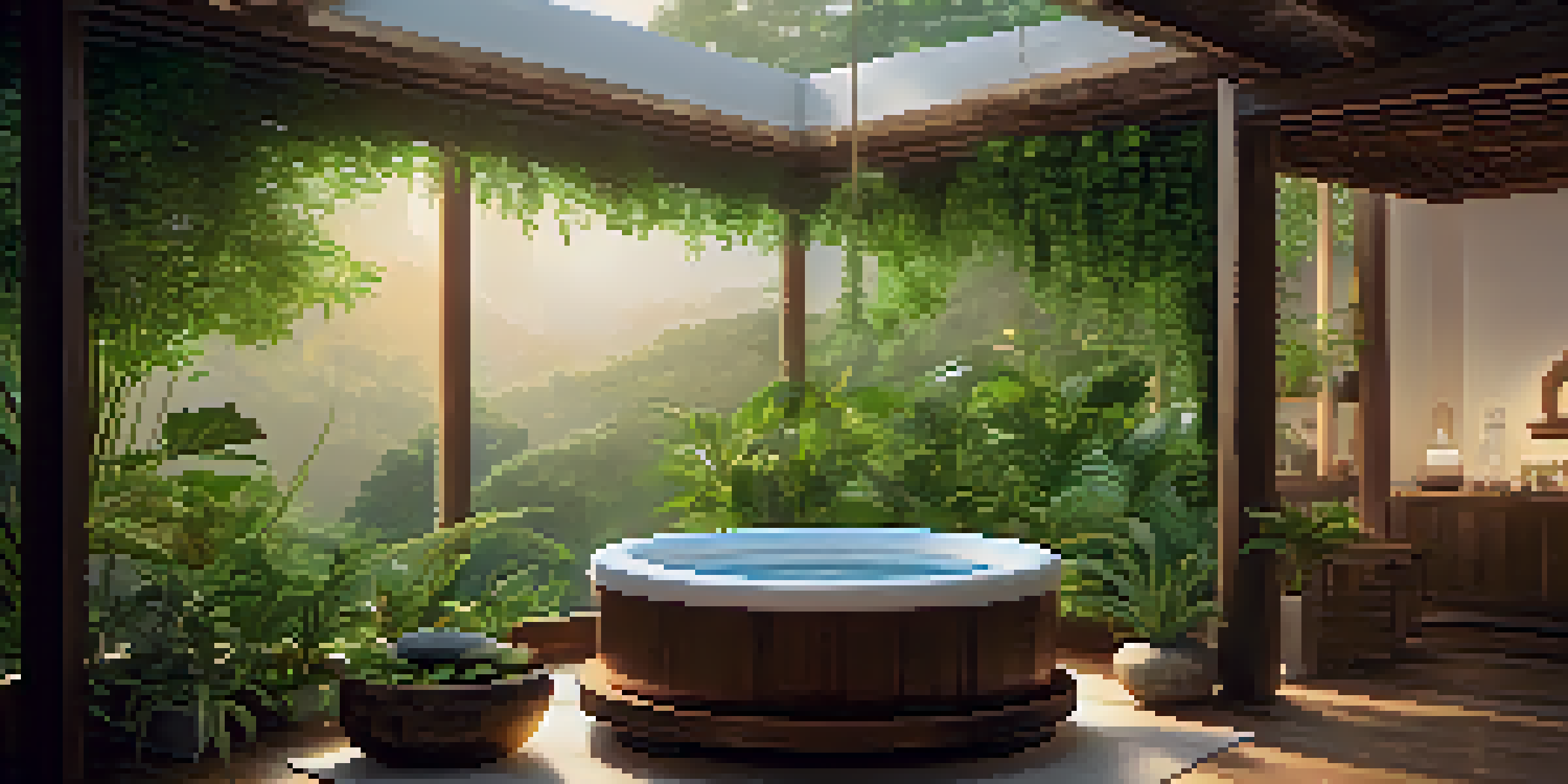A peaceful Ayurvedic spa with a massage table, herbs, oils, and cannabis leaves, surrounded by greenery and calming artwork.