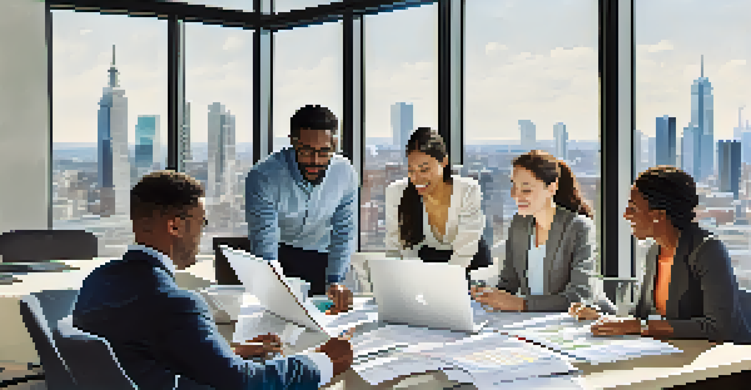 A diverse team of professionals collaborating around a table in a bright office, emphasizing teamwork and communication.