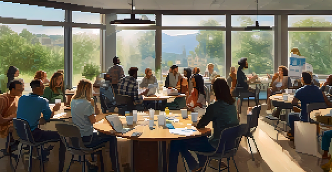 A community forum with diverse individuals discussing marijuana legalization around a round table filled with papers and coffee cups, in a bright room with large windows letting in natural light.