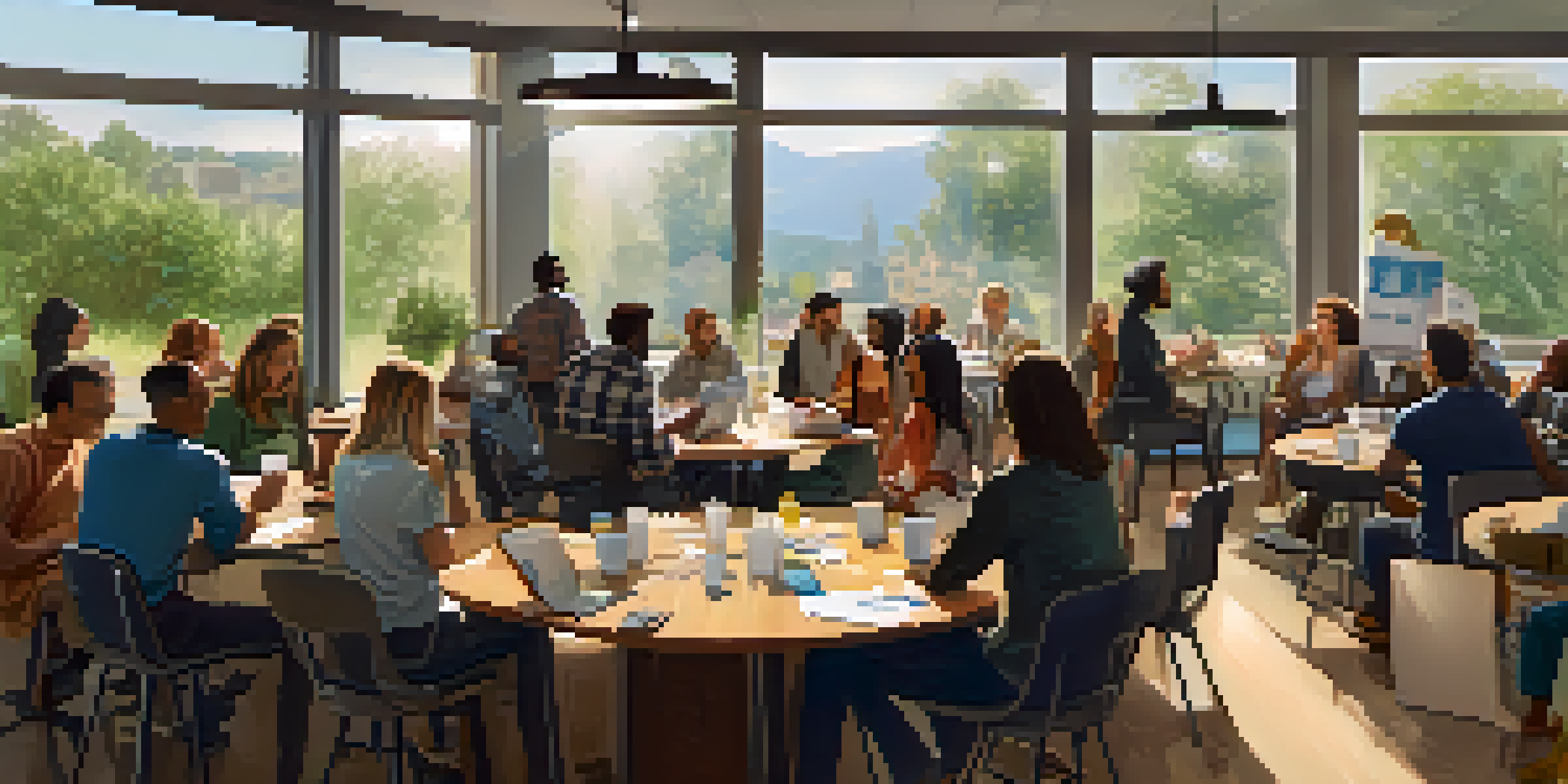 A community forum with diverse individuals discussing marijuana legalization around a round table filled with papers and coffee cups, in a bright room with large windows letting in natural light.