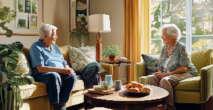 An elderly couple discussing health in a bright living room filled with plants and family photos.