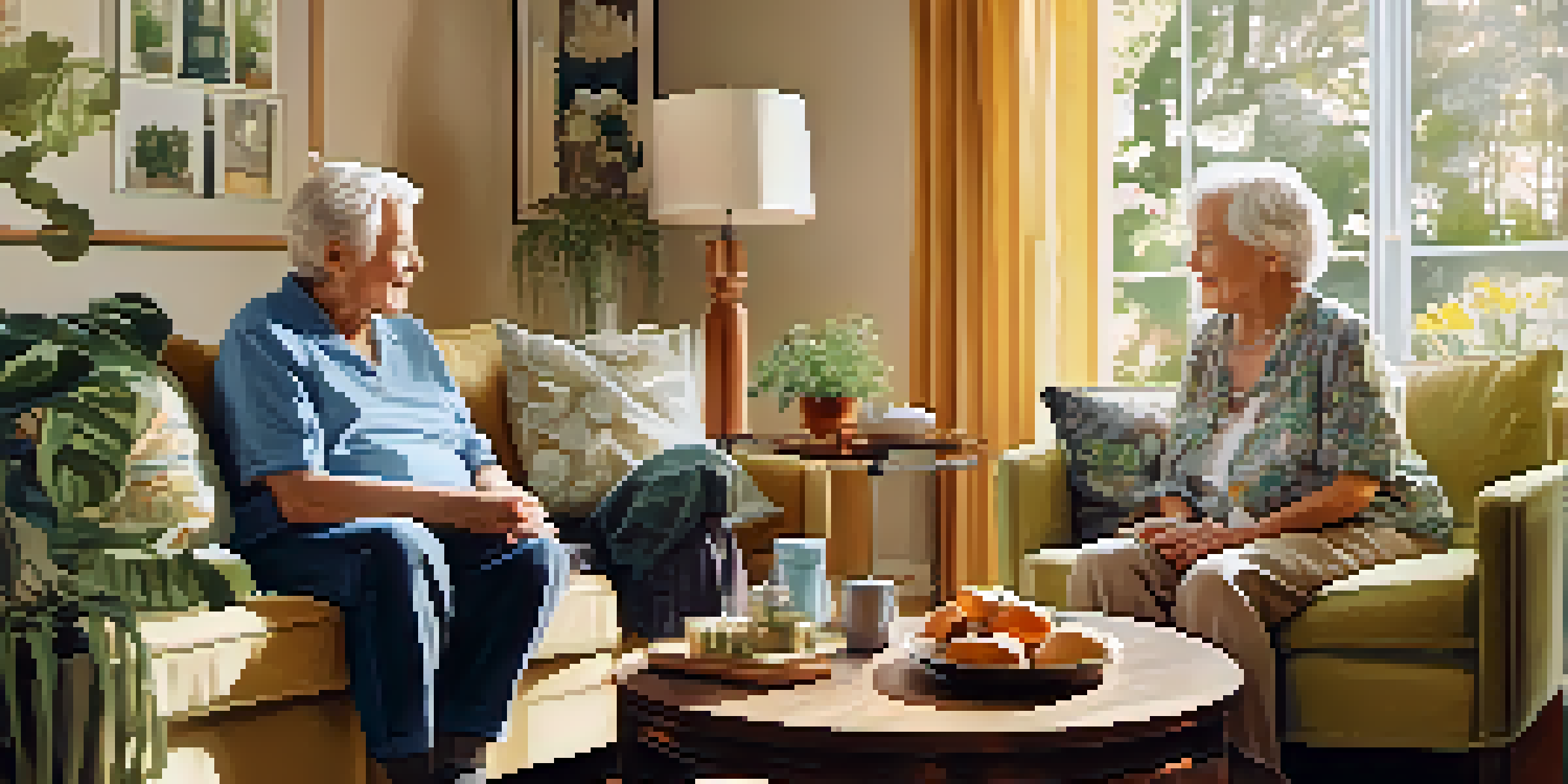 An elderly couple discussing health in a bright living room filled with plants and family photos.