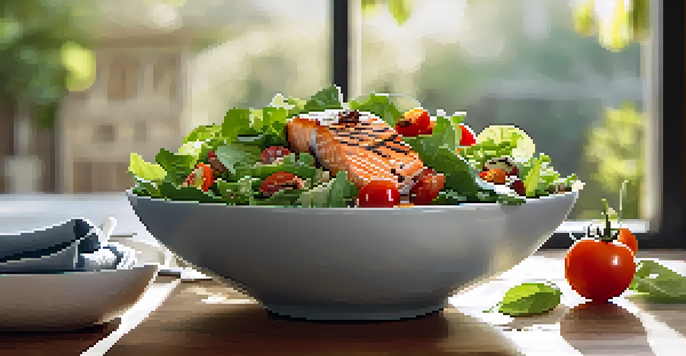 A colorful salad bowl with leafy greens, cherry tomatoes, walnuts, and grilled salmon, topped with a cannabis-infused dressing, displayed on a wooden table under natural sunlight.