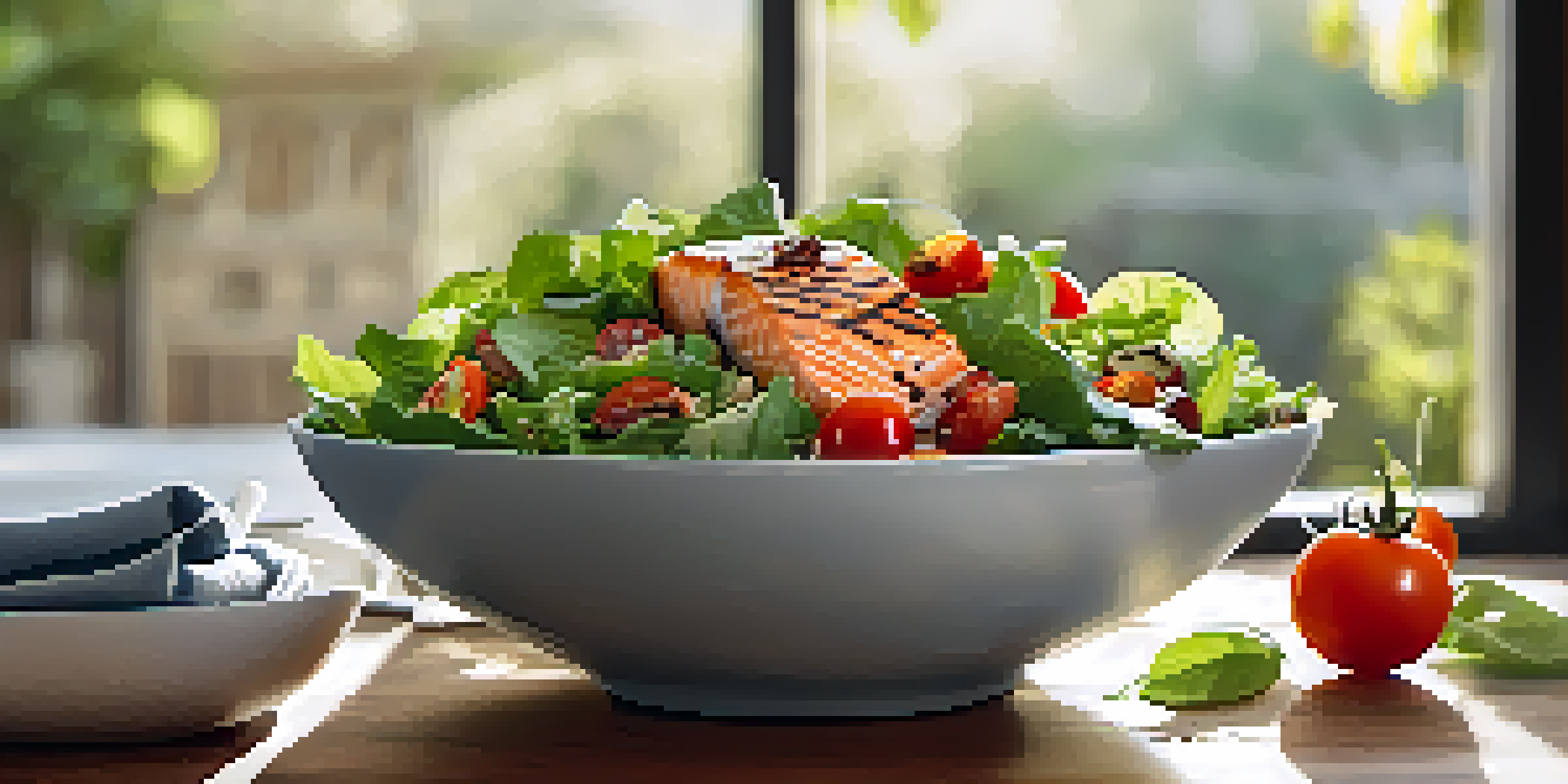 A colorful salad bowl with leafy greens, cherry tomatoes, walnuts, and grilled salmon, topped with a cannabis-infused dressing, displayed on a wooden table under natural sunlight.