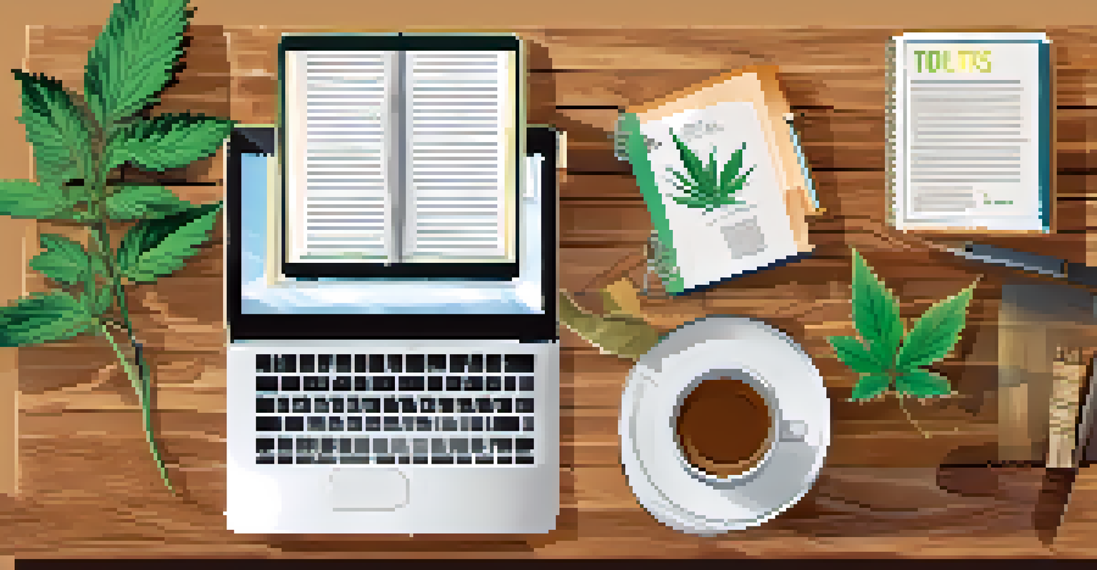 A flat lay arrangement of educational materials about marijuana, including books and a laptop, on a warm wooden table with a coffee cup.
