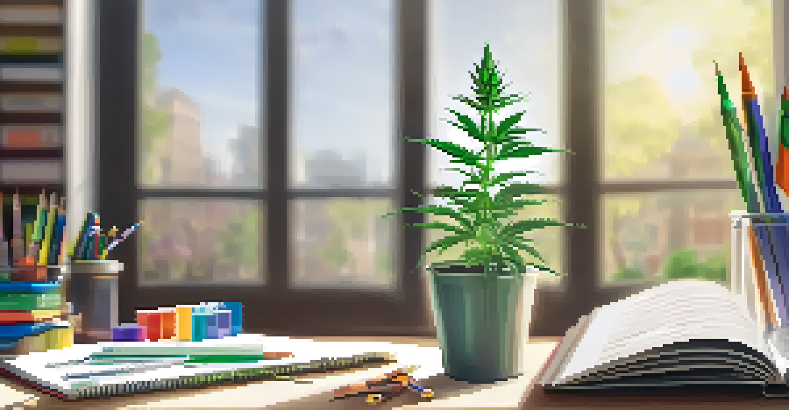 A close-up of an open book about marijuana education with school supplies, showing informative graphics.