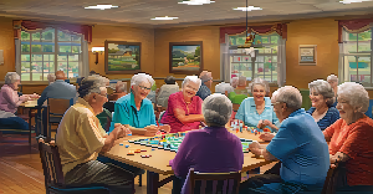 Seniors enjoying a game night at a community center, with warm lighting and colorful decorations, creating a lively and engaging environment.