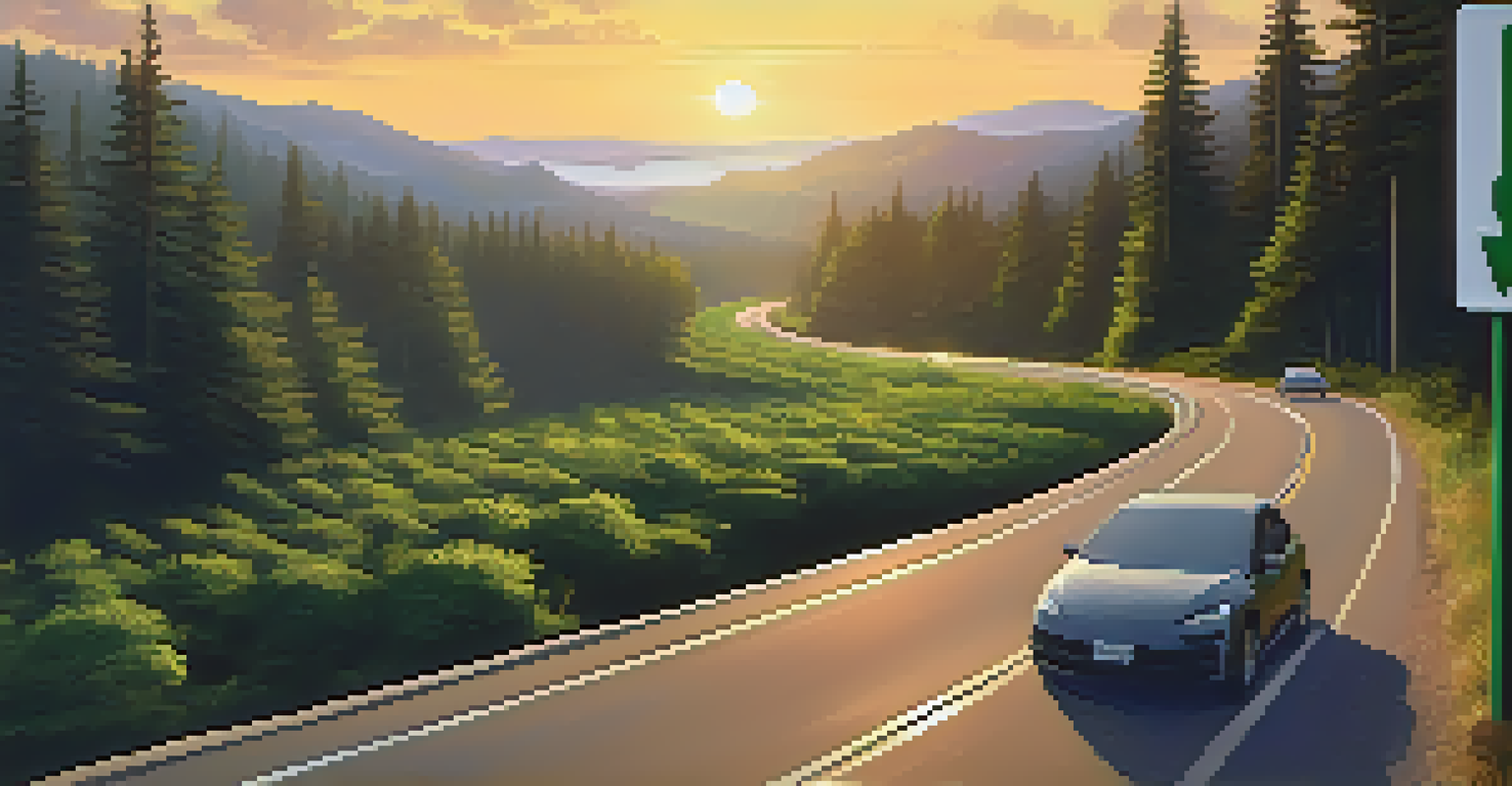 A peaceful highway scene with a cannabis use sign and a car driving through a green forest at sunset.