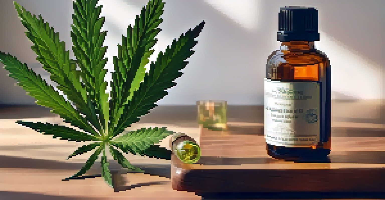 A hand holding a glass bottle of cannabis oil on a wooden table with a potted plant in the background.