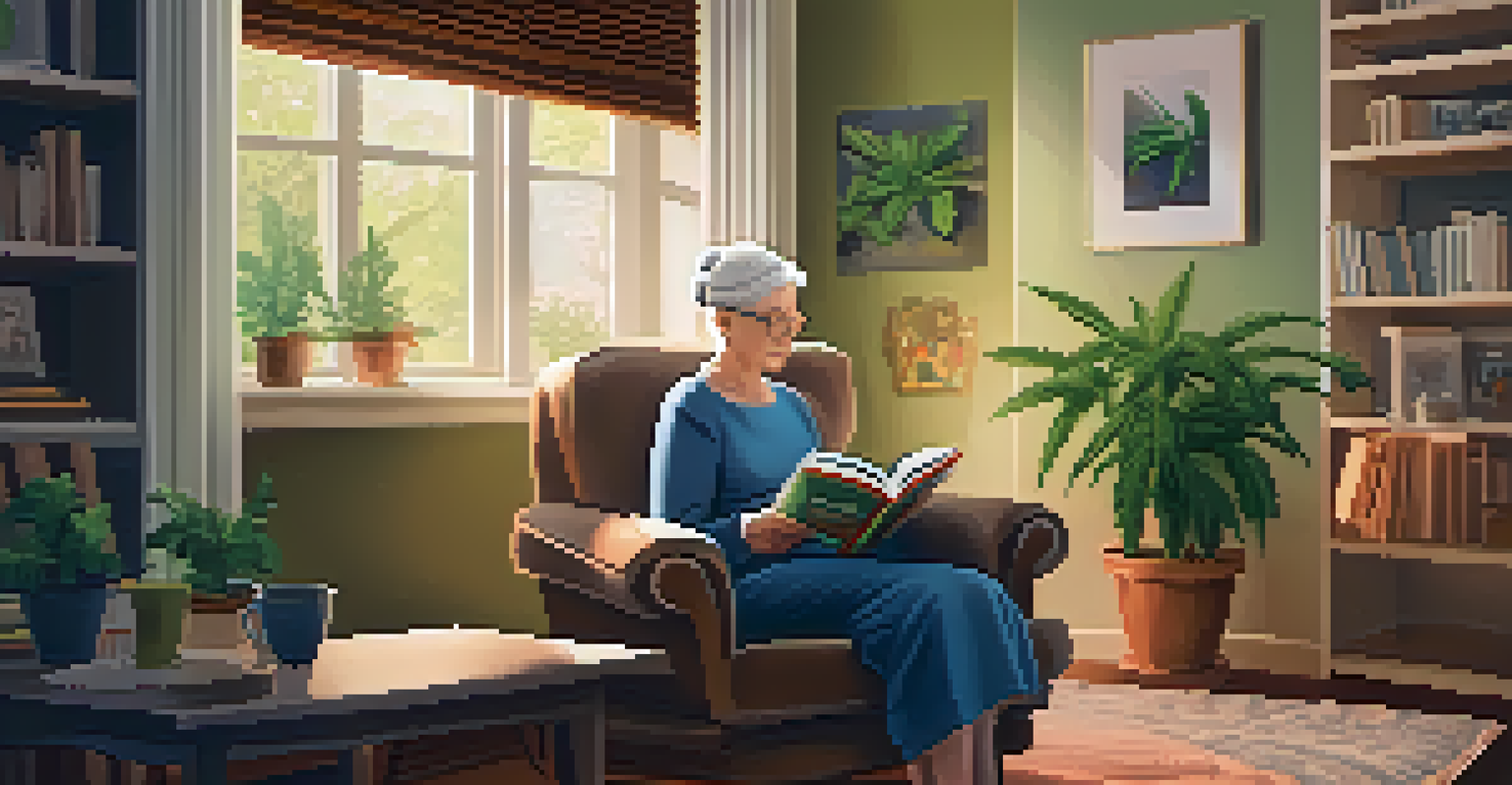 An elderly woman reading a book in her living room, with a cup of tea and a cannabis pamphlet on a small table.