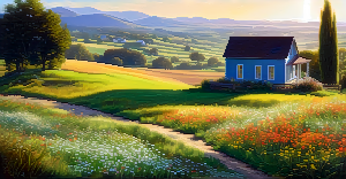 A tranquil rural landscape featuring a wooden house surrounded by colorful wildflowers and a clear blue sky.