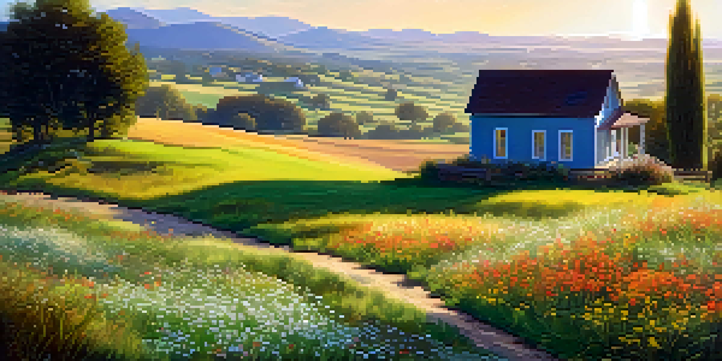 A tranquil rural landscape featuring a wooden house surrounded by colorful wildflowers and a clear blue sky.