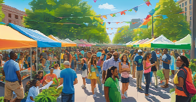 A sunny park filled with a diverse group of people attending a community event focused on cannabis education, featuring colorful banners and booths.