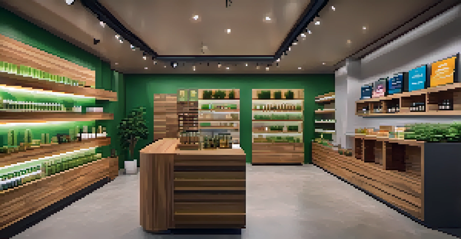 Interior of a modern cannabis retail shop with products displayed and a staff member assisting a customer.
