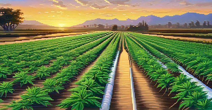 A cannabis farm with green plants arranged in rows, showcasing a drip irrigation system and a colorful sunset in the background.