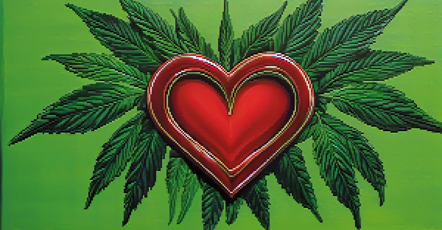 An artistic graphic showing a heart intertwined with cannabis leaves on a green and red background.