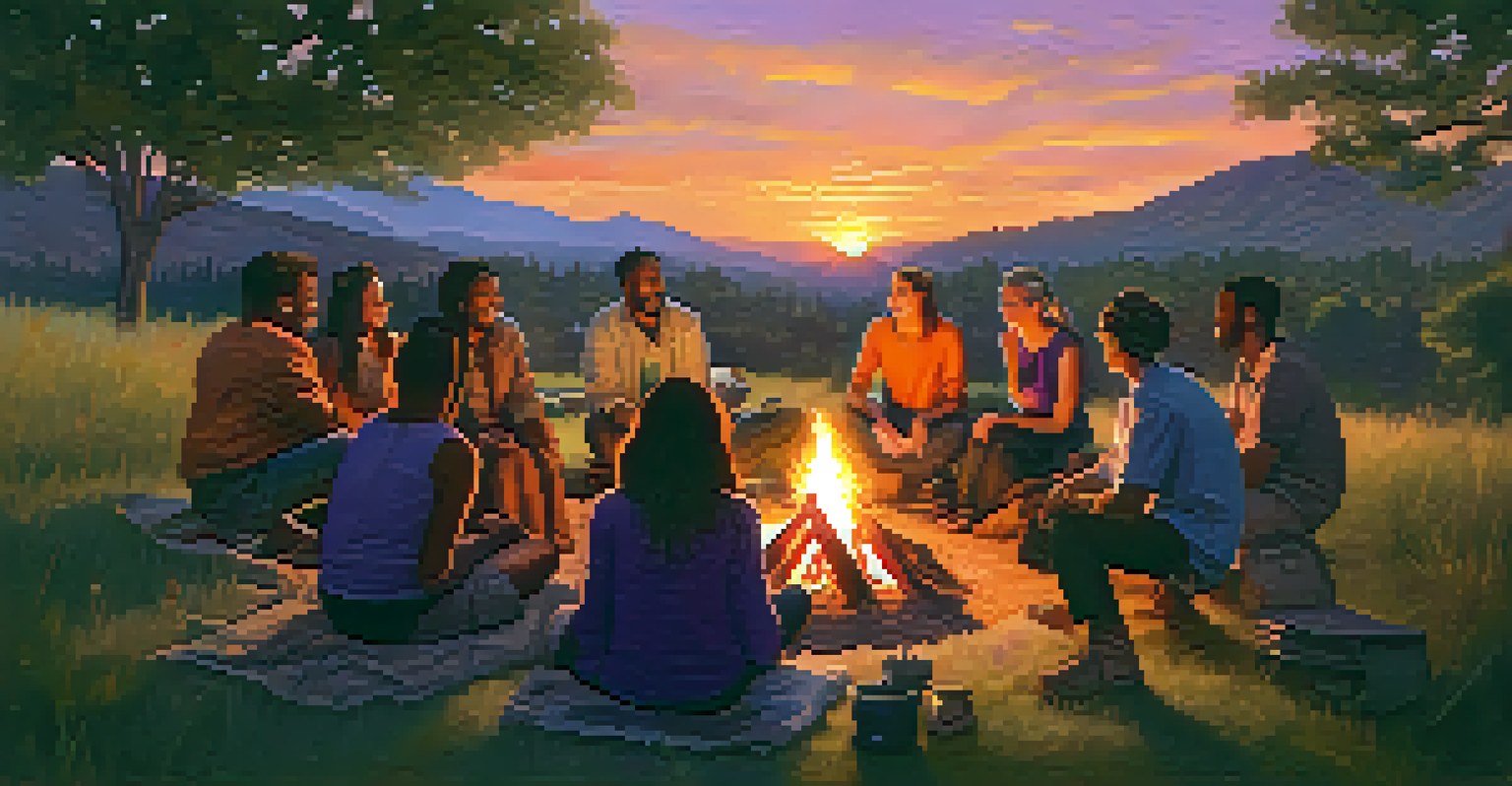 A sunset gathering of diverse individuals around a campfire, sharing stories and creating a sense of community in nature.