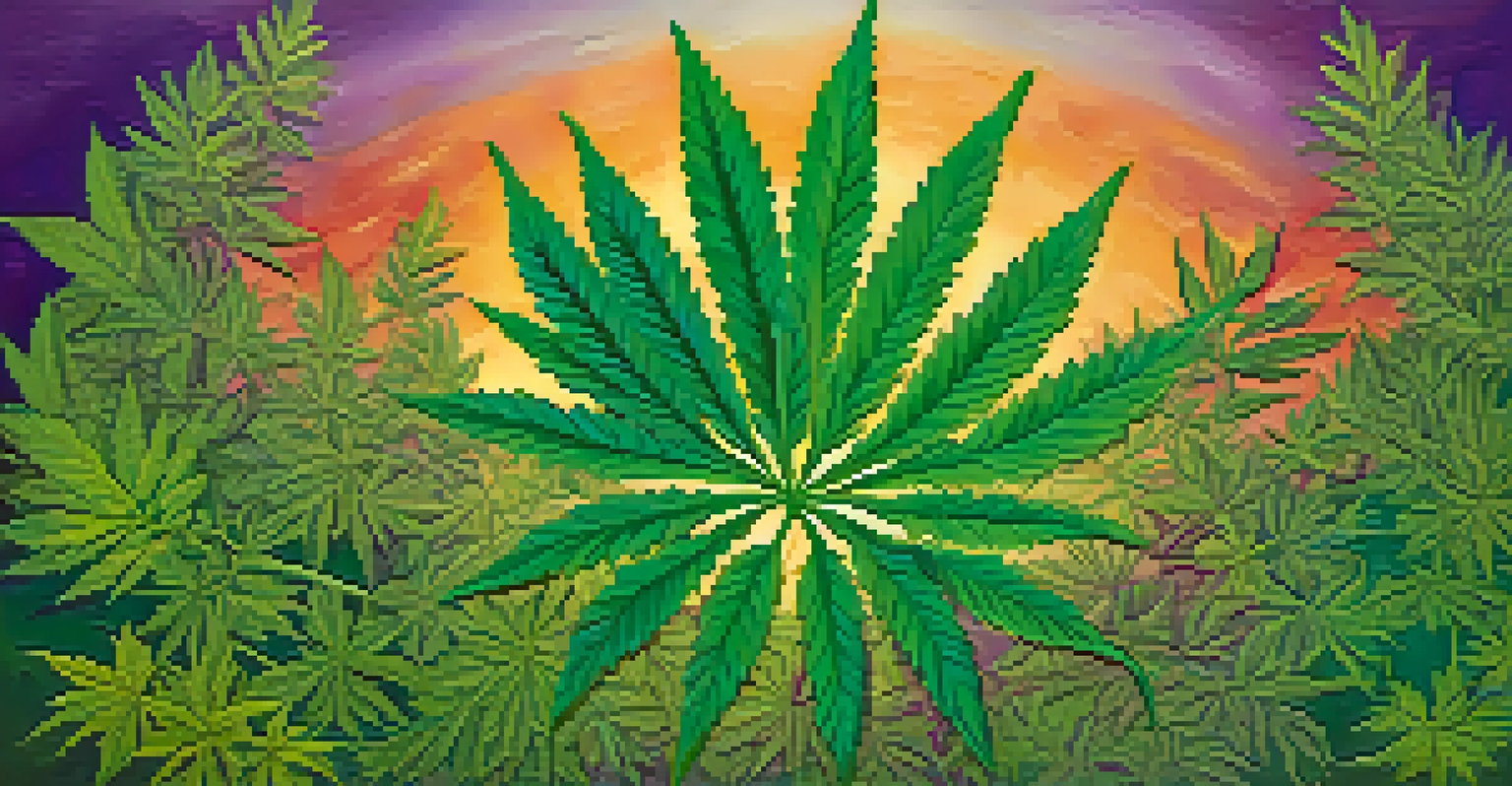 An artistic depiction of marijuana leaves intertwined with social justice symbols on a colorful gradient background.