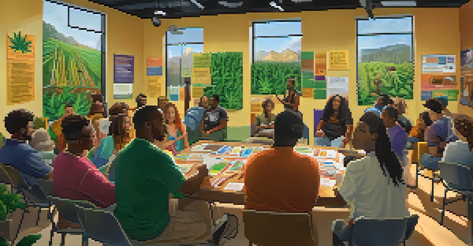 A community workshop with people discussing responsible marijuana use, featuring colorful posters and a facilitator at the front.