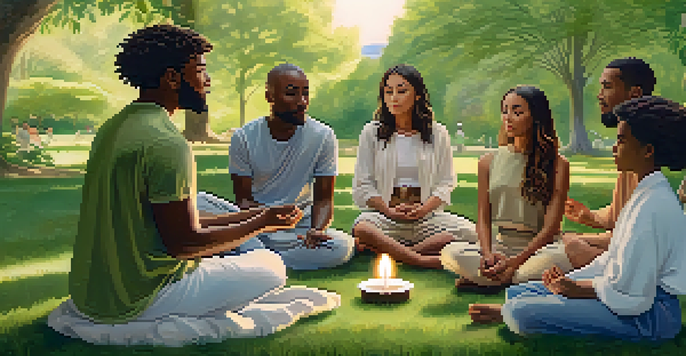 A diverse group of people sitting in a circle on a green lawn, engaged in mindfulness meditation with cannabis plants and candles, under gentle sunlight.