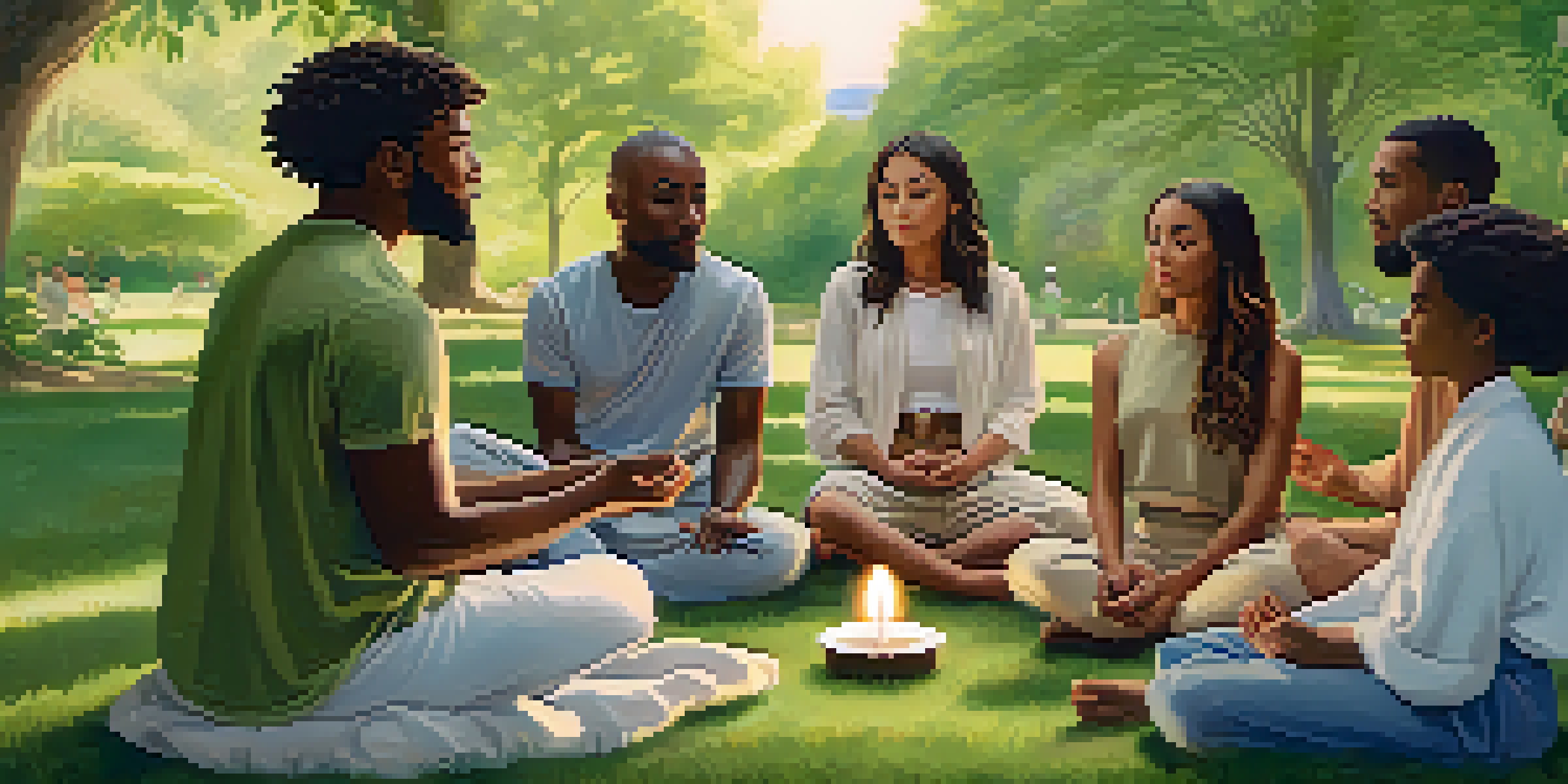 A diverse group of people sitting in a circle on a green lawn, engaged in mindfulness meditation with cannabis plants and candles, under gentle sunlight.