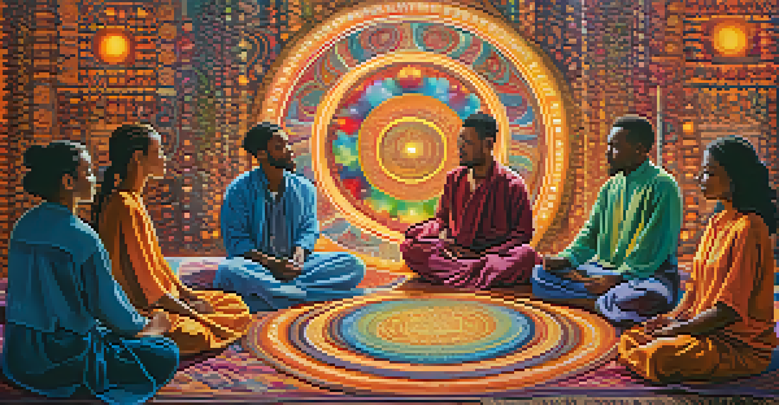 A diverse group of people in a circle during a spiritual gathering, surrounded by glowing orbs of light.