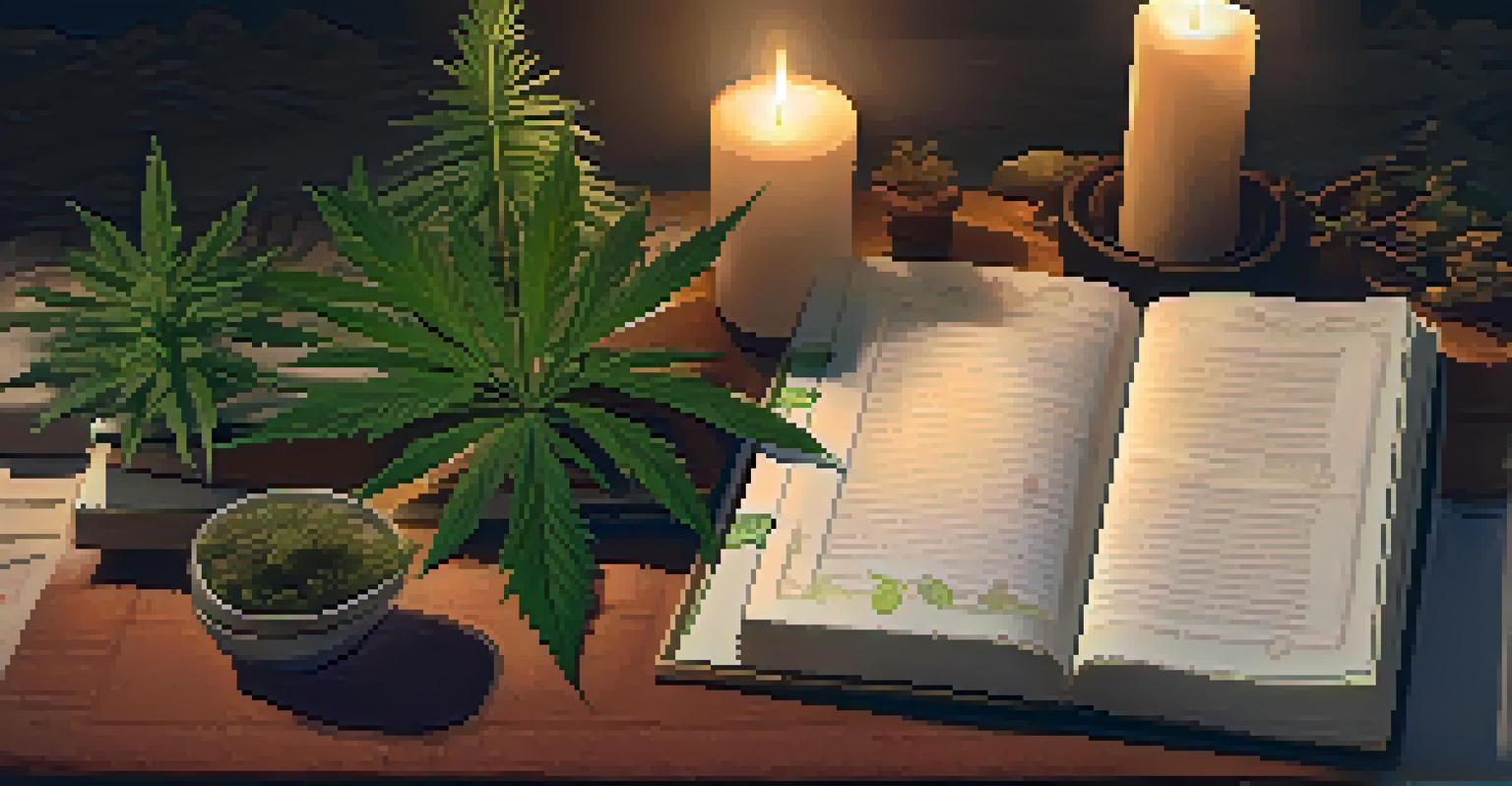 A person journaling on a cozy rug with a cannabis plant beside them, surrounded by soft candlelight in a warm indoor setting.