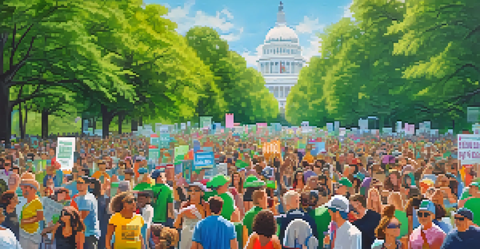 A lively community rally with diverse individuals holding colorful signs advocating for marijuana legalization in a sunny park.