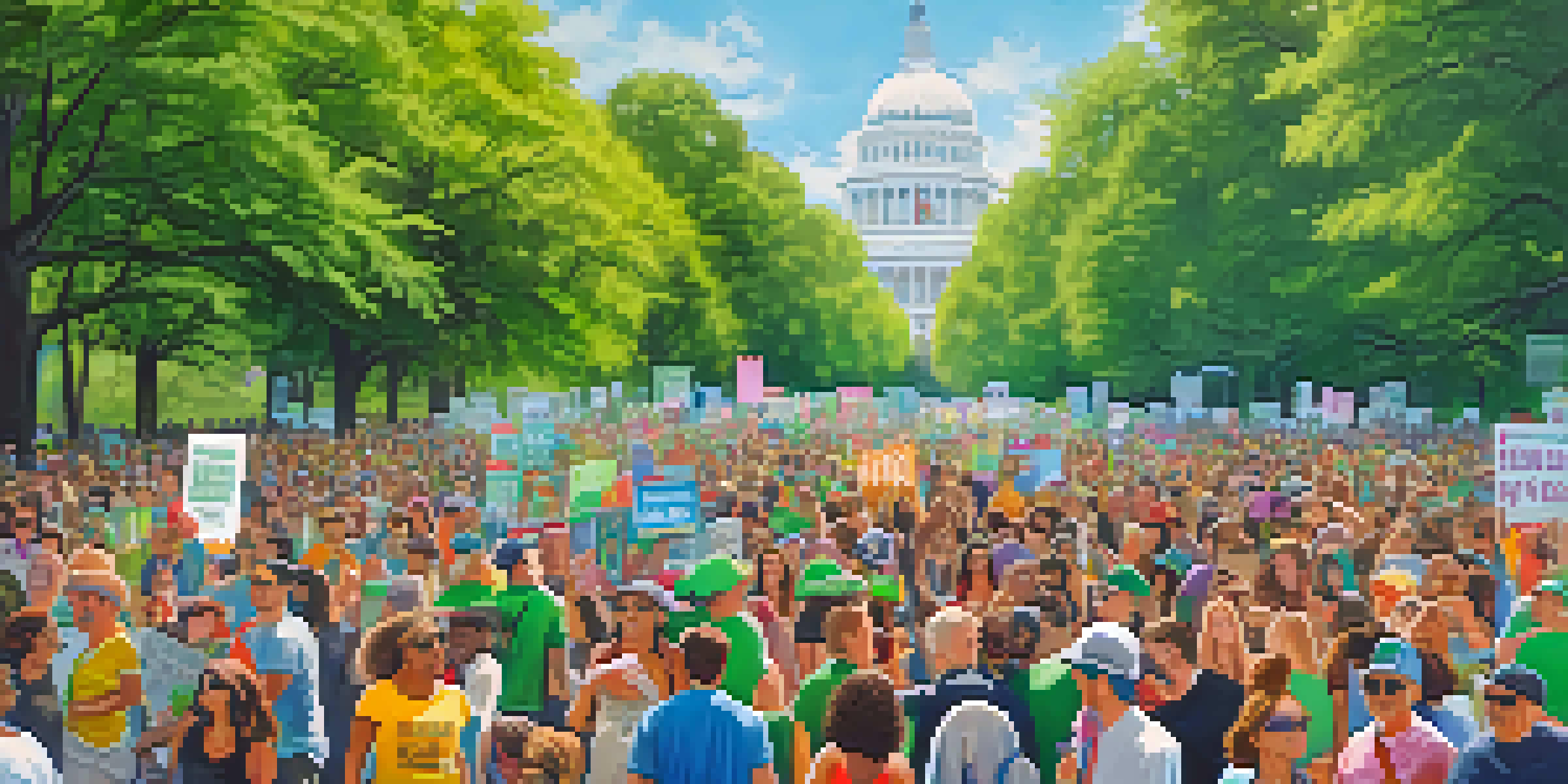 A lively community rally with diverse individuals holding colorful signs advocating for marijuana legalization in a sunny park.