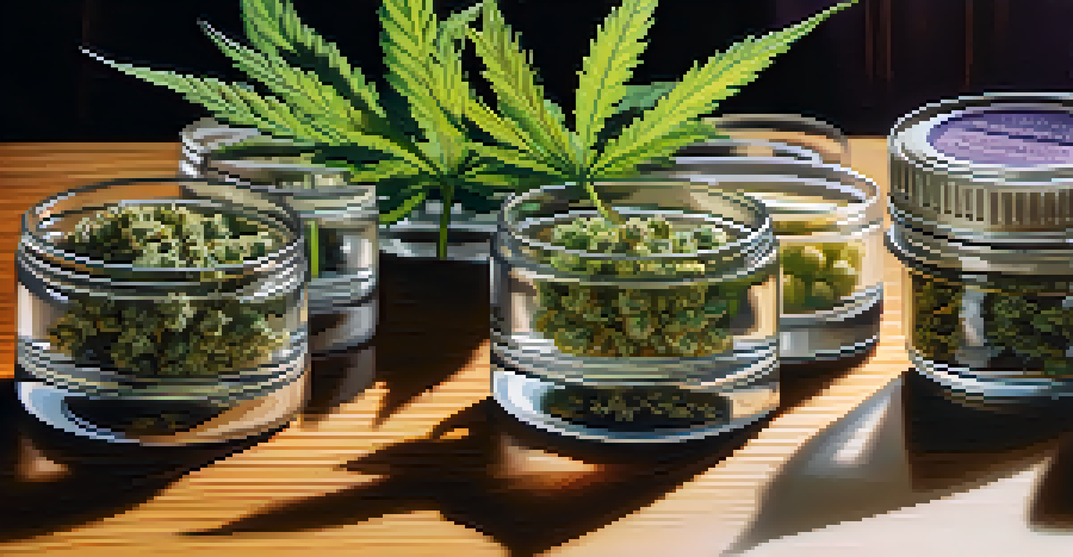 A close-up of different cannabis flower strains on a wooden table, showcasing various colors and textures.