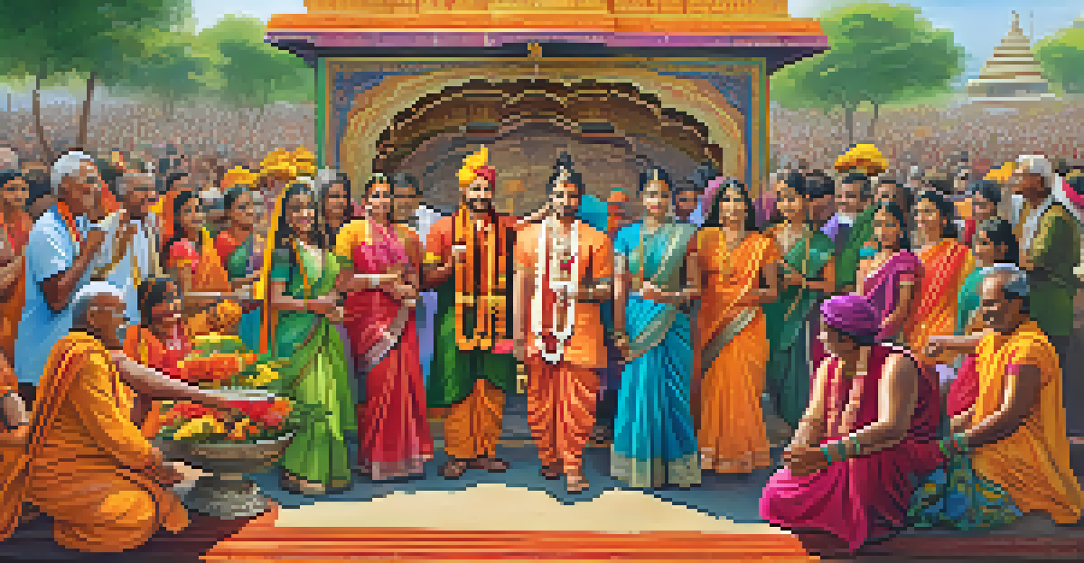 Devotees celebrating an Indian festival, sharing bhang and surrounded by colorful decorations and Hindu gods.