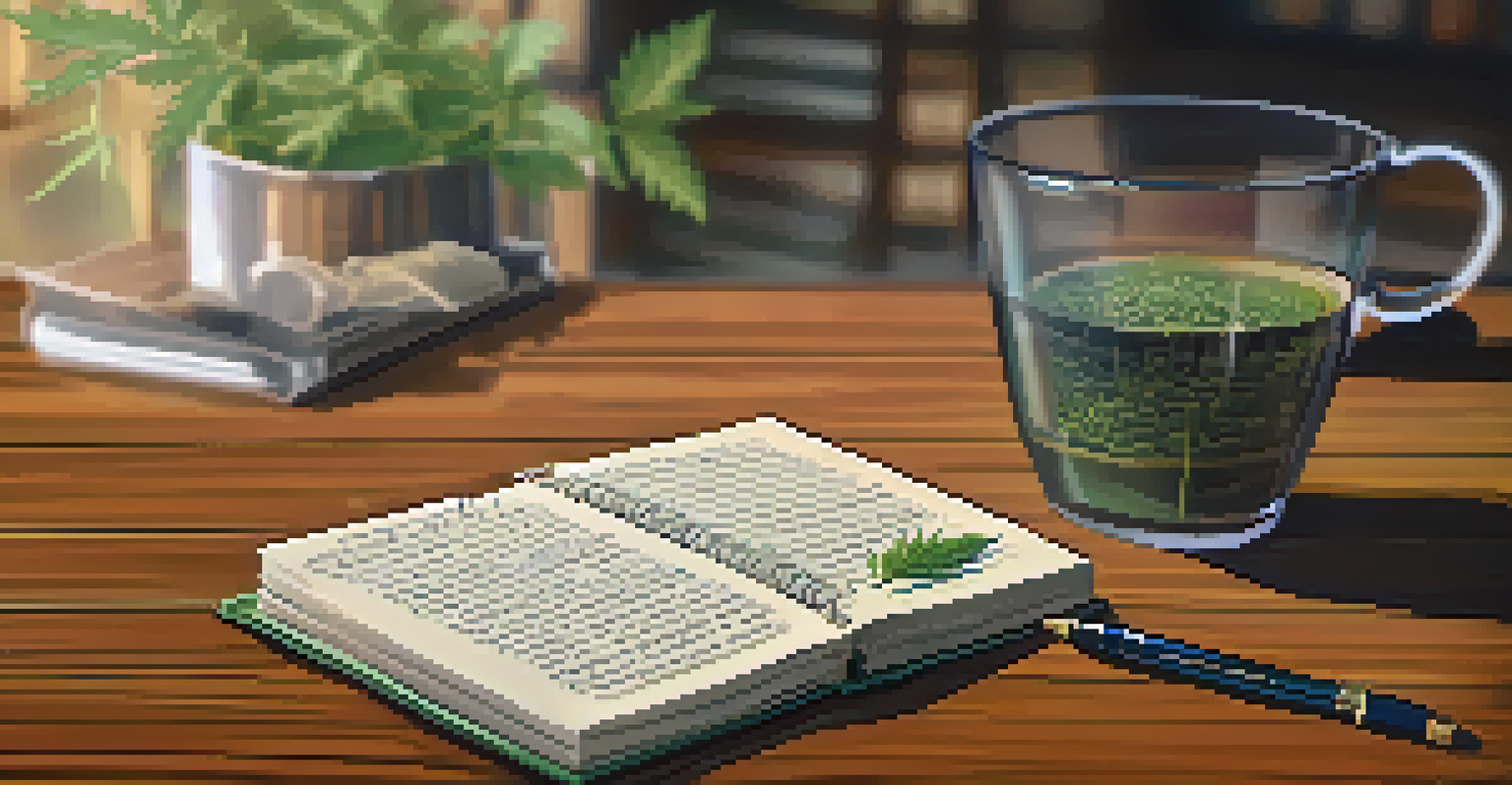 An open journal with handwritten notes about marijuana and antihypertensive medications on a wooden table, accompanied by a pen and a cup of herbal tea.
