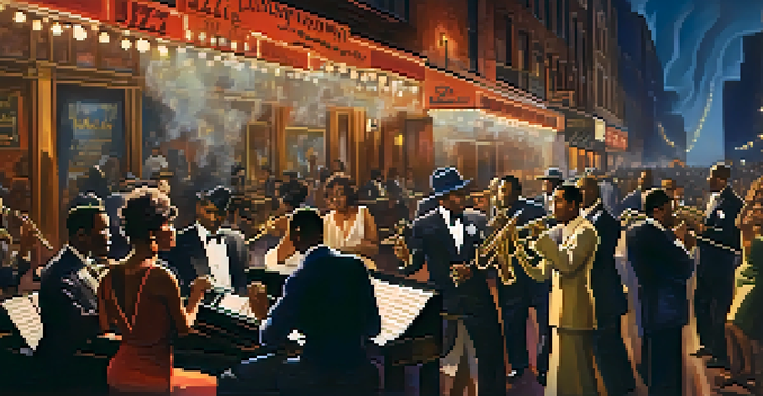 A lively jazz club from the 1920s with musicians playing saxophone and trumpet, warm lighting, and patrons dancing in a vibrant atmosphere.