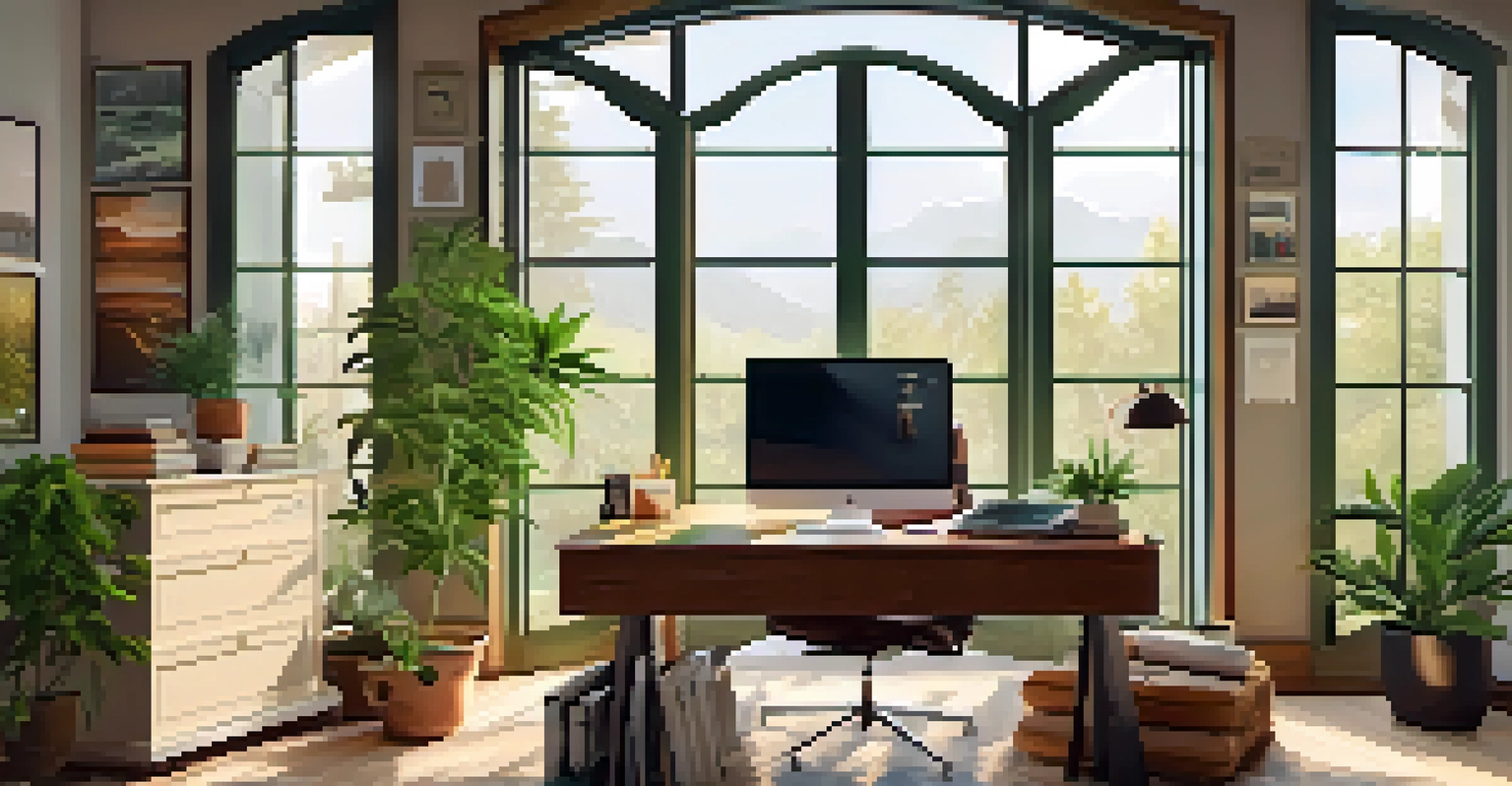 A cozy home office with a desk, laptop, cannabis books, and a potted cannabis plant, filled with natural light and warm colors.