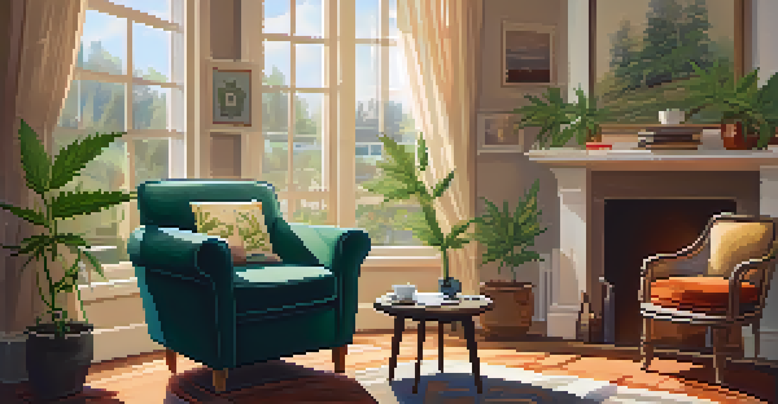 A cozy living room with an armchair, a steaming cup of tea, and an open cannabis-themed book on a table, illuminated by natural light.