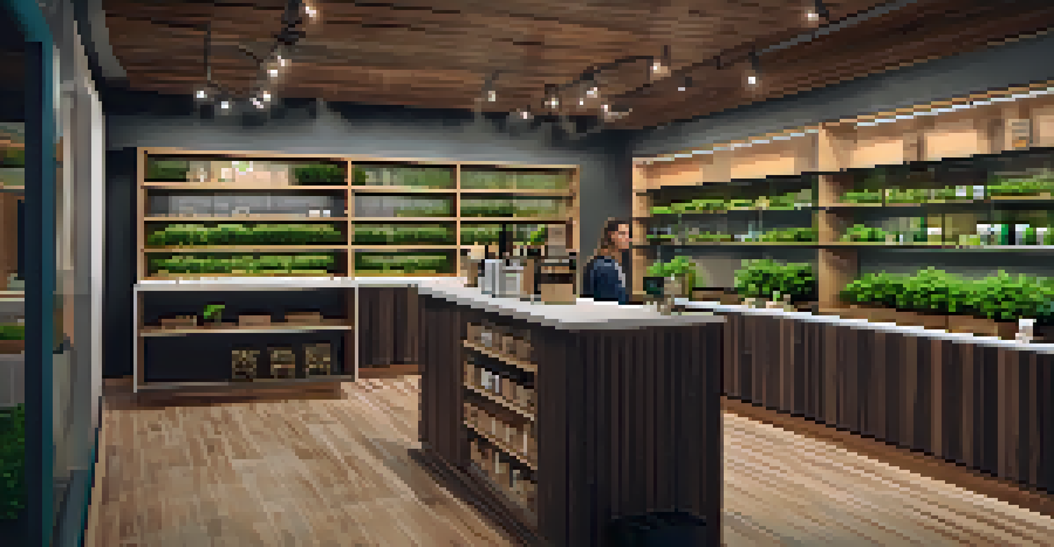 Inside a modern marijuana dispensary showcasing wooden textures and warm lighting, with products on shelves and a budtender helping a customer.
