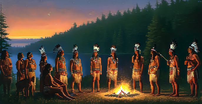 A gathering of Native Americans around a fire in a night-time forest setting, showcasing traditional attire and smoke rising from the fire.