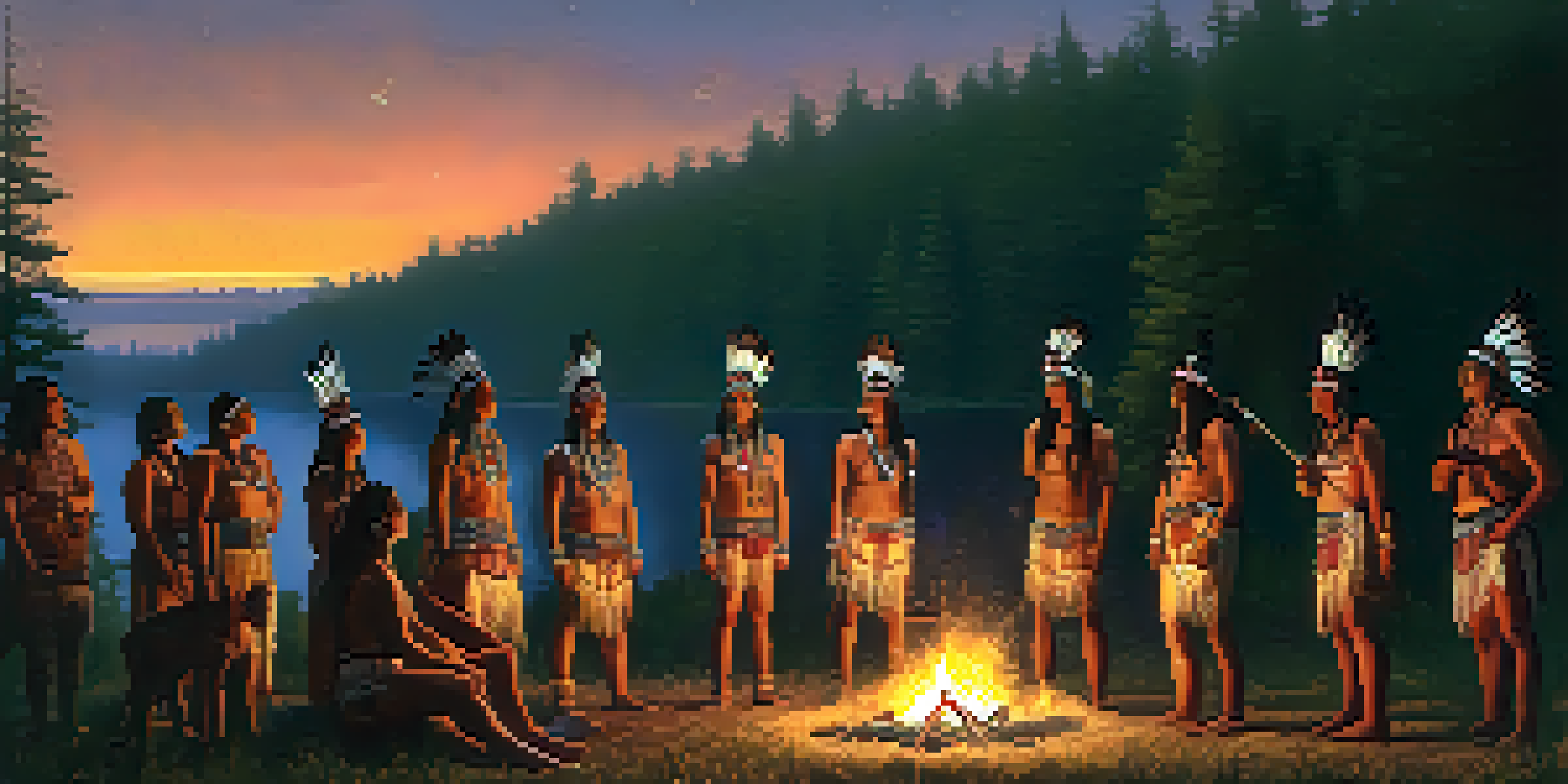A gathering of Native Americans around a fire in a night-time forest setting, showcasing traditional attire and smoke rising from the fire.
