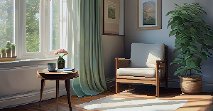 A peaceful room with an armchair, sunlight filtering through sheer curtains, a cup of herbal tea, and a notebook on a small table.