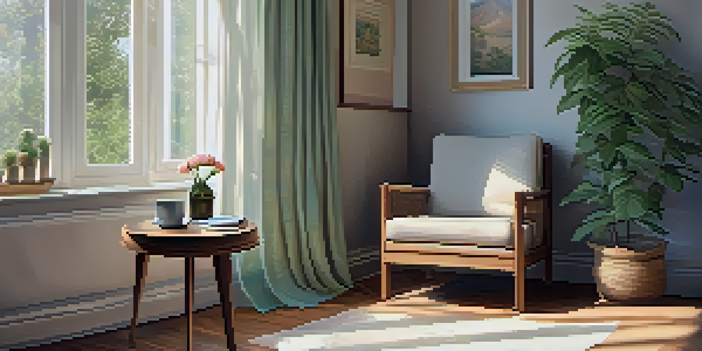 A peaceful room with an armchair, sunlight filtering through sheer curtains, a cup of herbal tea, and a notebook on a small table.