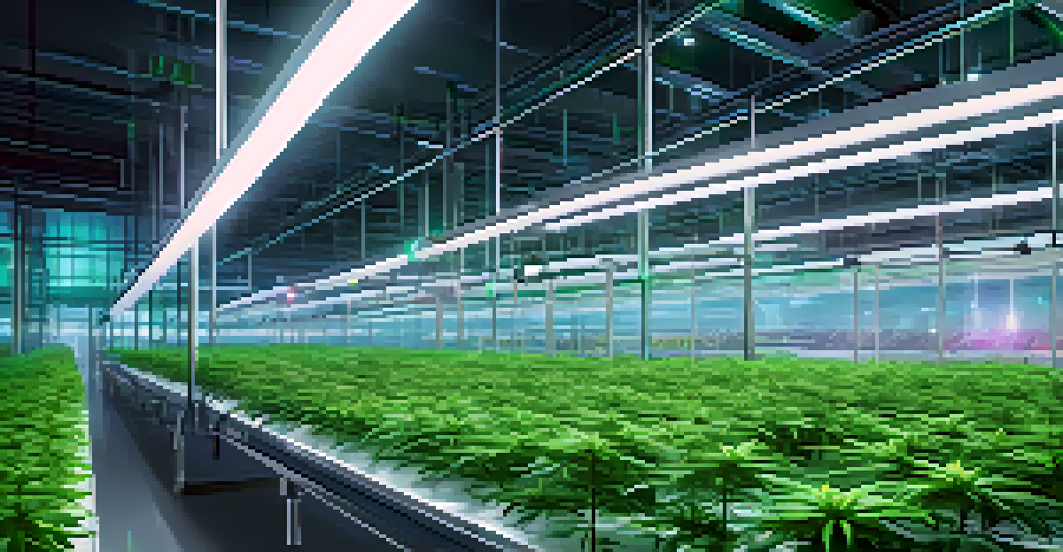 An indoor vertical cannabis farm with layers of plants illuminated by LED lights, showcasing modern farming technology.