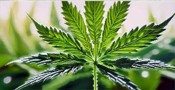 A detailed close-up of a green cannabis leaf with dewdrops, set against a softly blurred background.